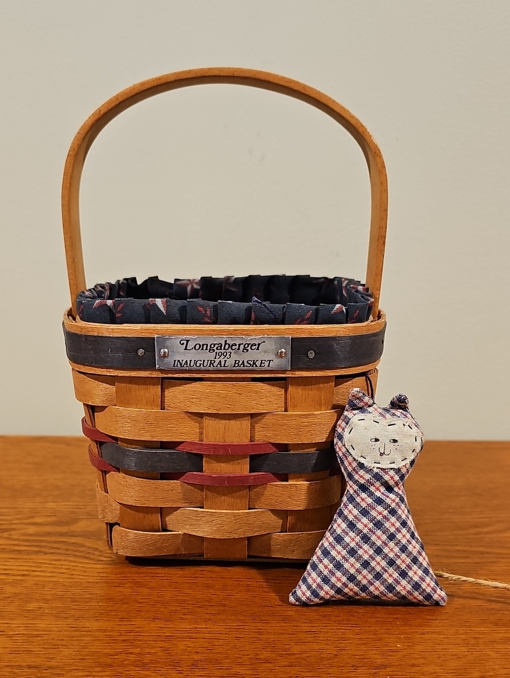 Longaberger Tan & Navy Woven Basket with Plaid Liner